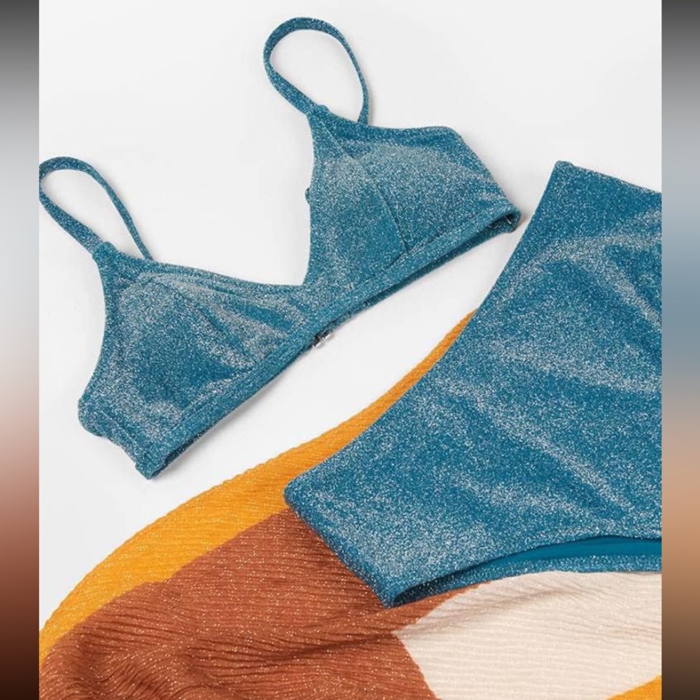 Turquoise Sparkle High-waisted swimsuit with wrap